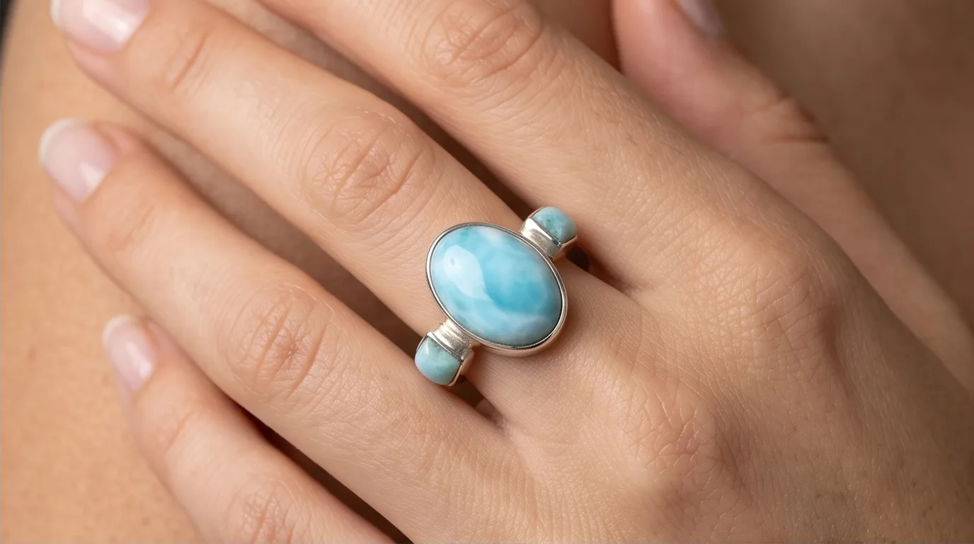 Center Oval Cabochon Solitaire Larimar Ring - Editorial