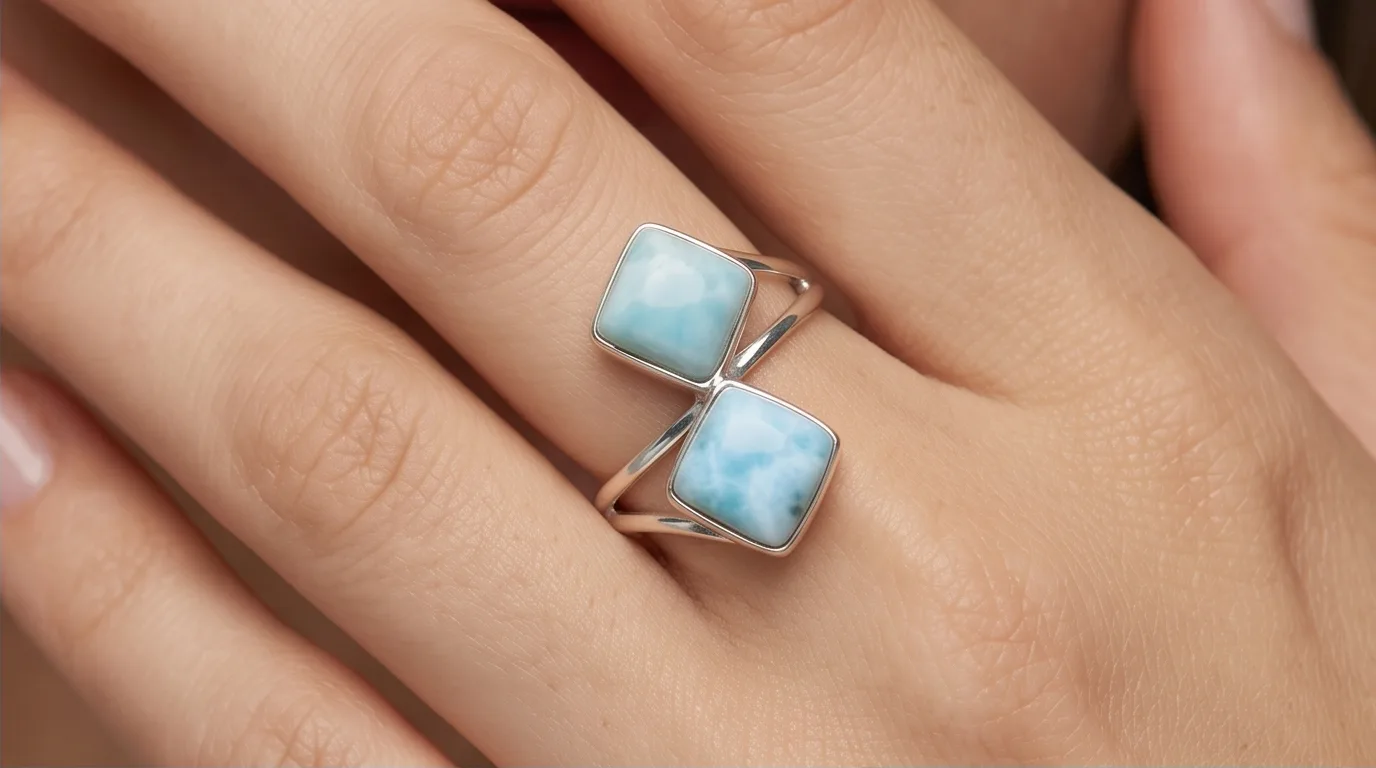 Dual Cushion Square Cabochons Bypass Larimar Ring - Editorial
