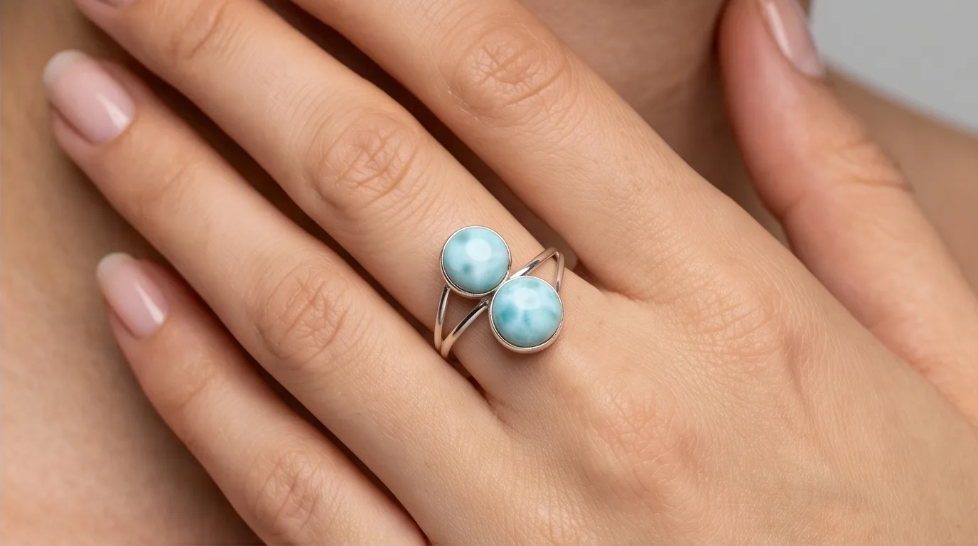 Dual Spherical Round Cabochons Bypass Larimar Ring - Editorial