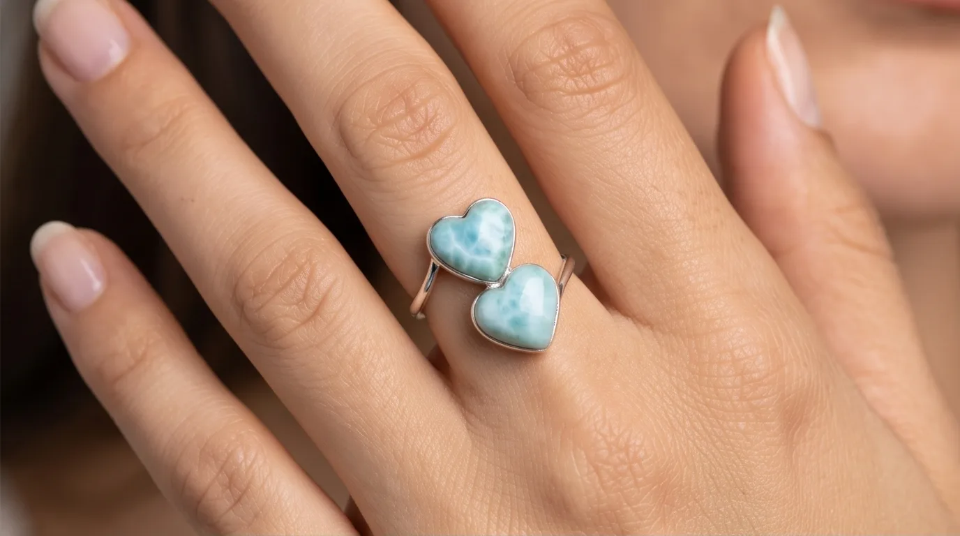 Dual Heart Cabochons Bypass Larimar Ring - Editorial
