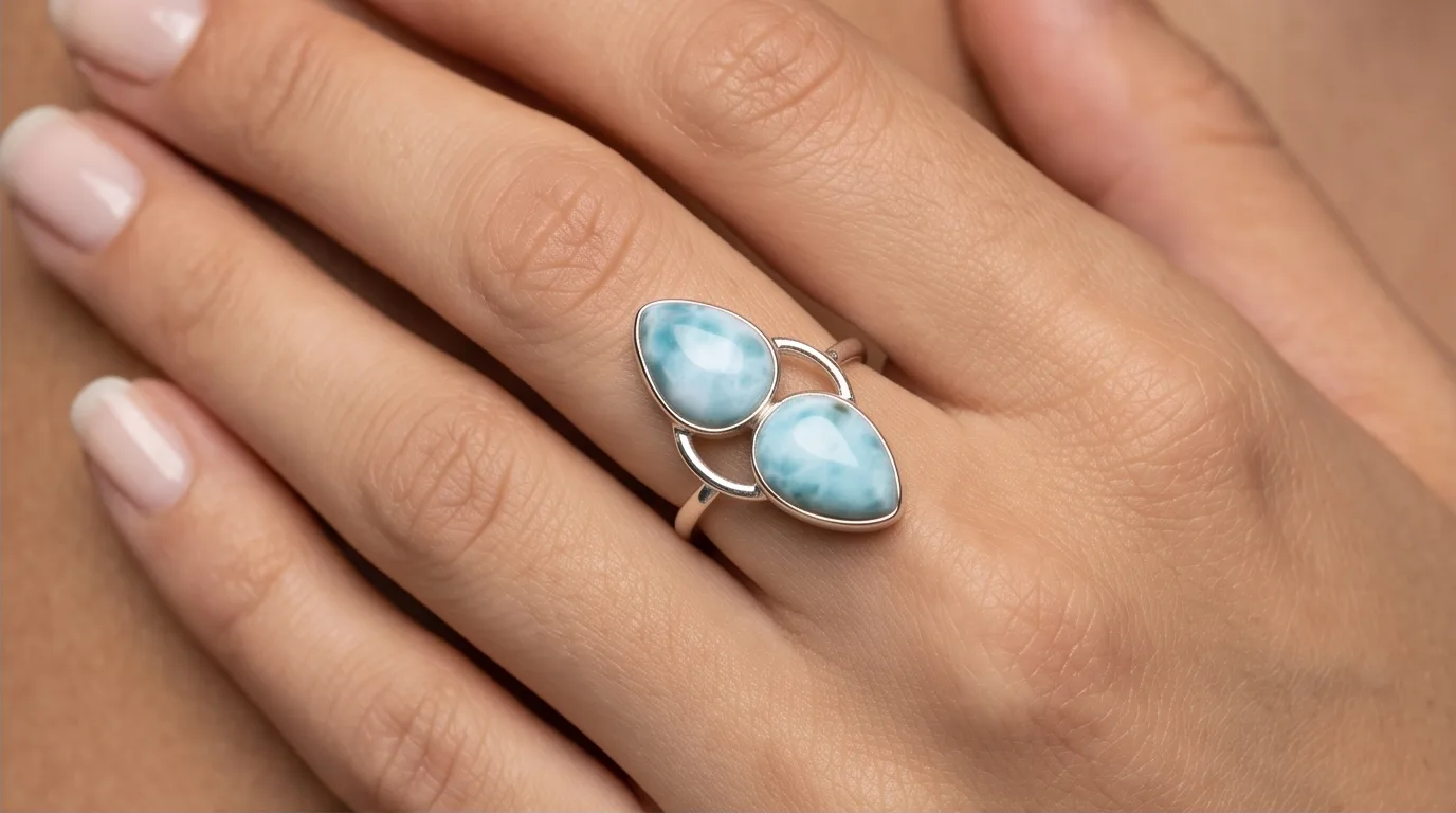 Dual Teardrop Cabochons Bypass Larimar Ring - Editorial