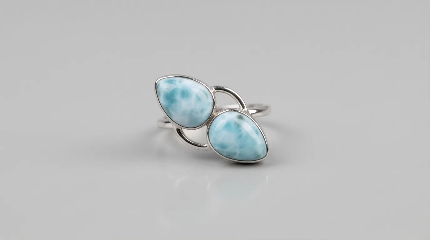 Dual Teardrop Cabochons Bypass Larimar Ring