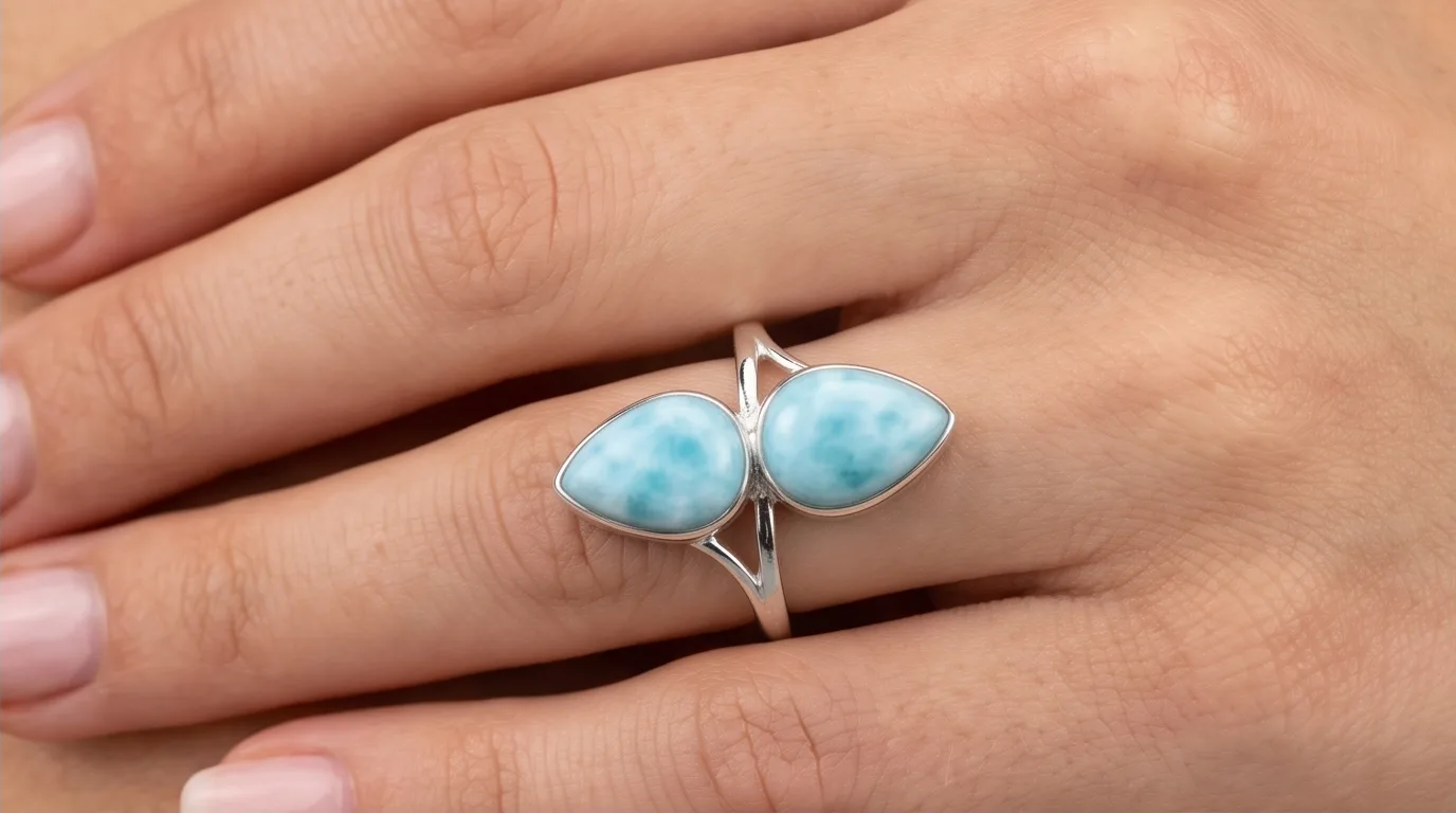 Dual Teardrop Cabochons Bypass Larimar Ring - Editorial