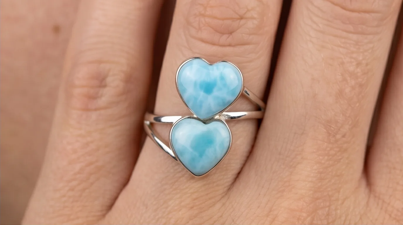 Vertical Bypass Dual Hearts Larimar Ring - Editorial