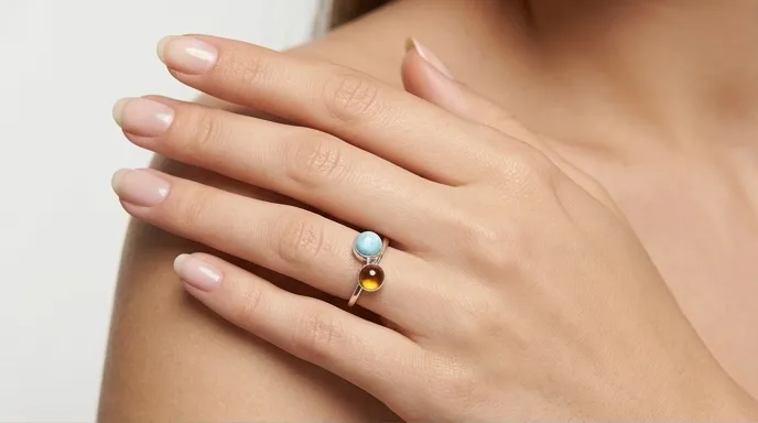 Dual Spheres Bypass Larimar and Amber Ring - Editorial