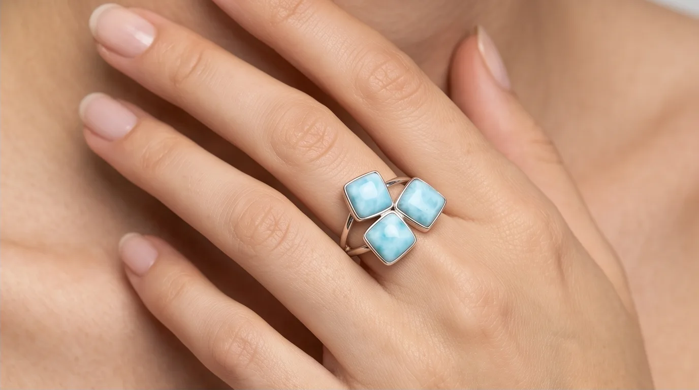 Trilogy Cushion Square Cabochons Larimar Ring - Editorial