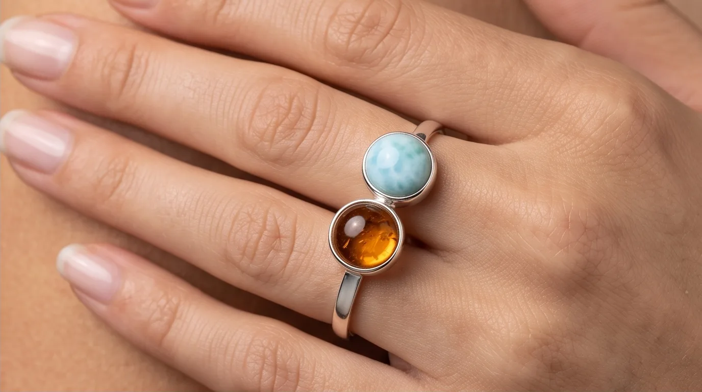 Straight Band Dual Cabochon Amber and Larimar Ring - Editorial