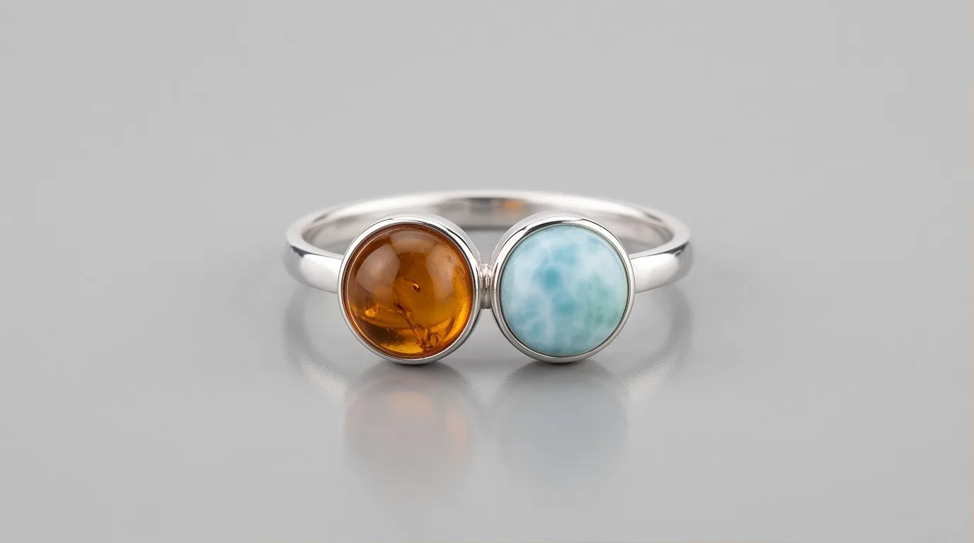 Straight Band Dual Cabochon Amber and Larimar Ring