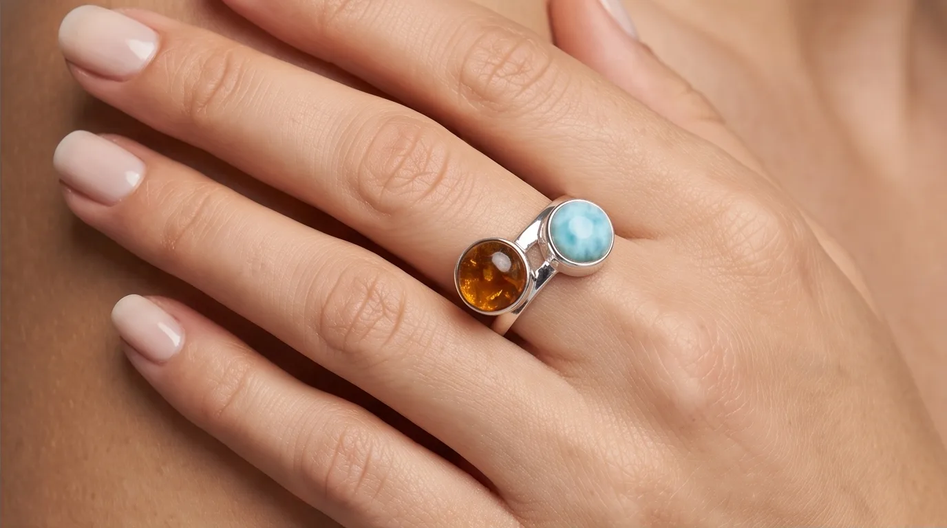 Bypass Dual Spheres Amber and Larimar Ring - Editorial