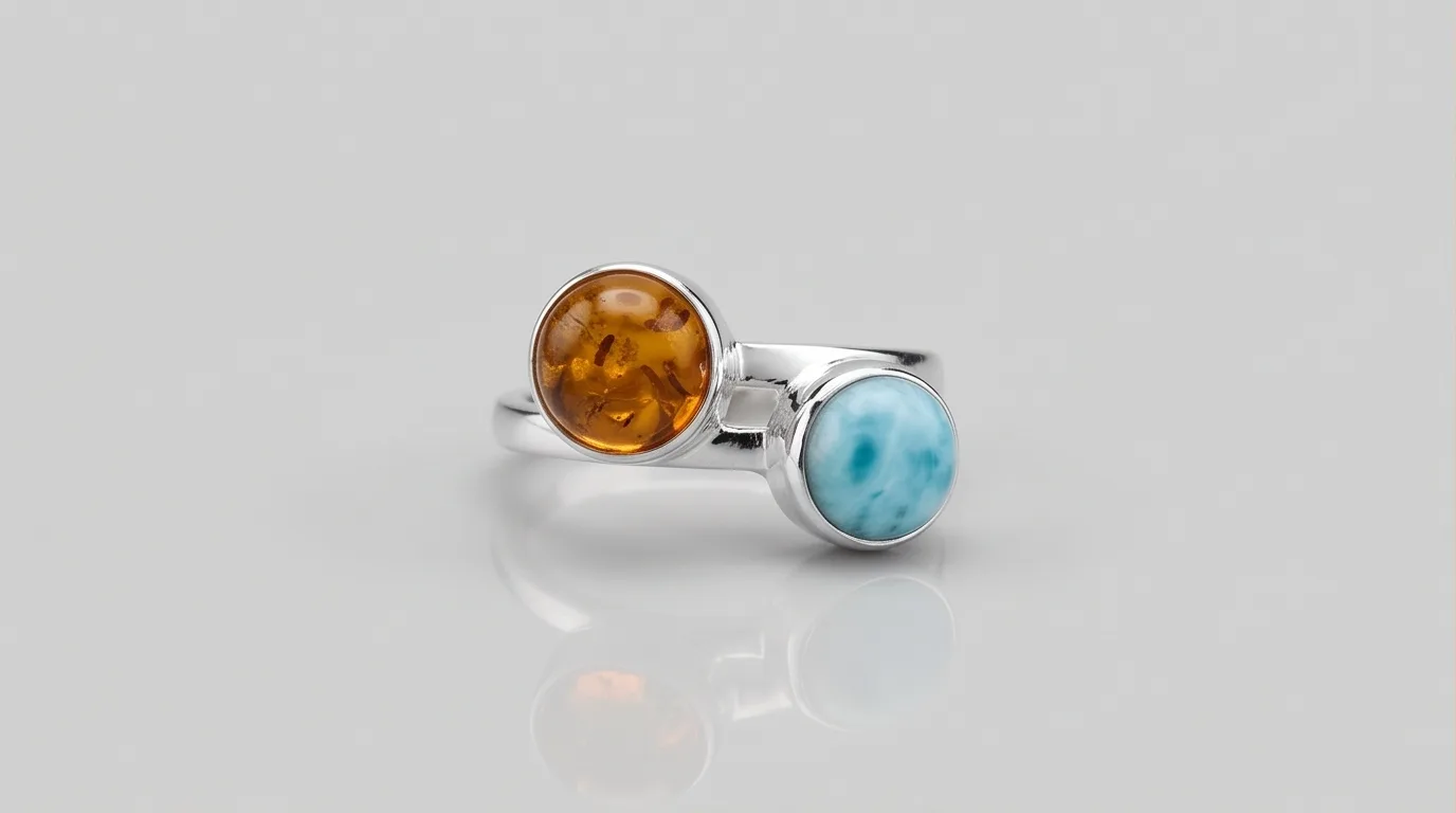 Bypass Dual Spheres Amber and Larimar Ring