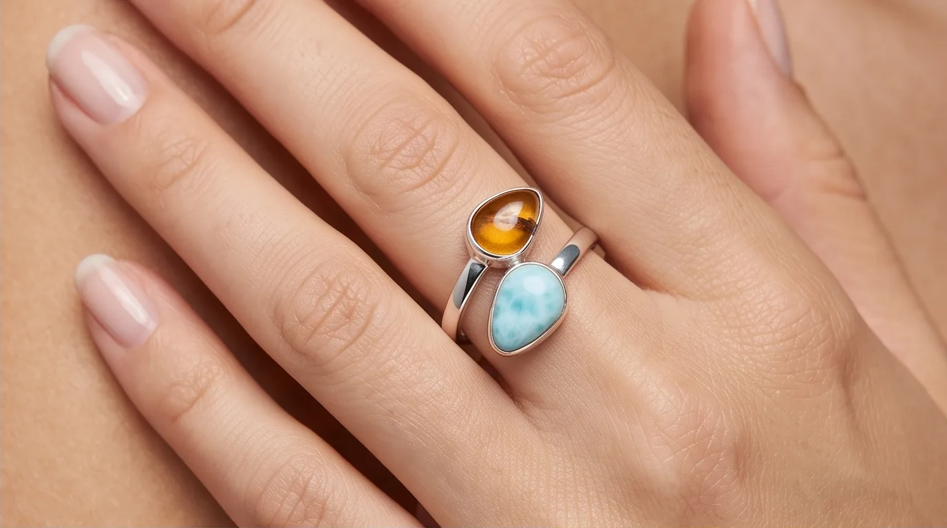 Bypass Dual Teardrops Amber and Larimar Ring - Editorial