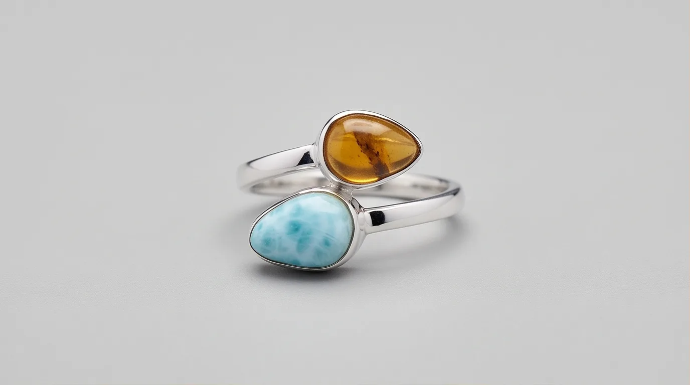 Bypass Dual Teardrops Amber and Larimar Ring