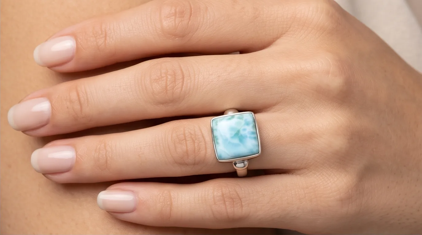 Large Cushion Square Cabochon Larimar Ring - Editorial
