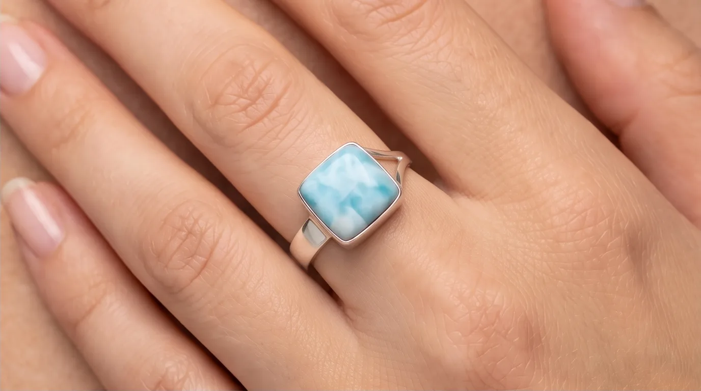 Large Square Cabochon Larimar Ring - Editorial