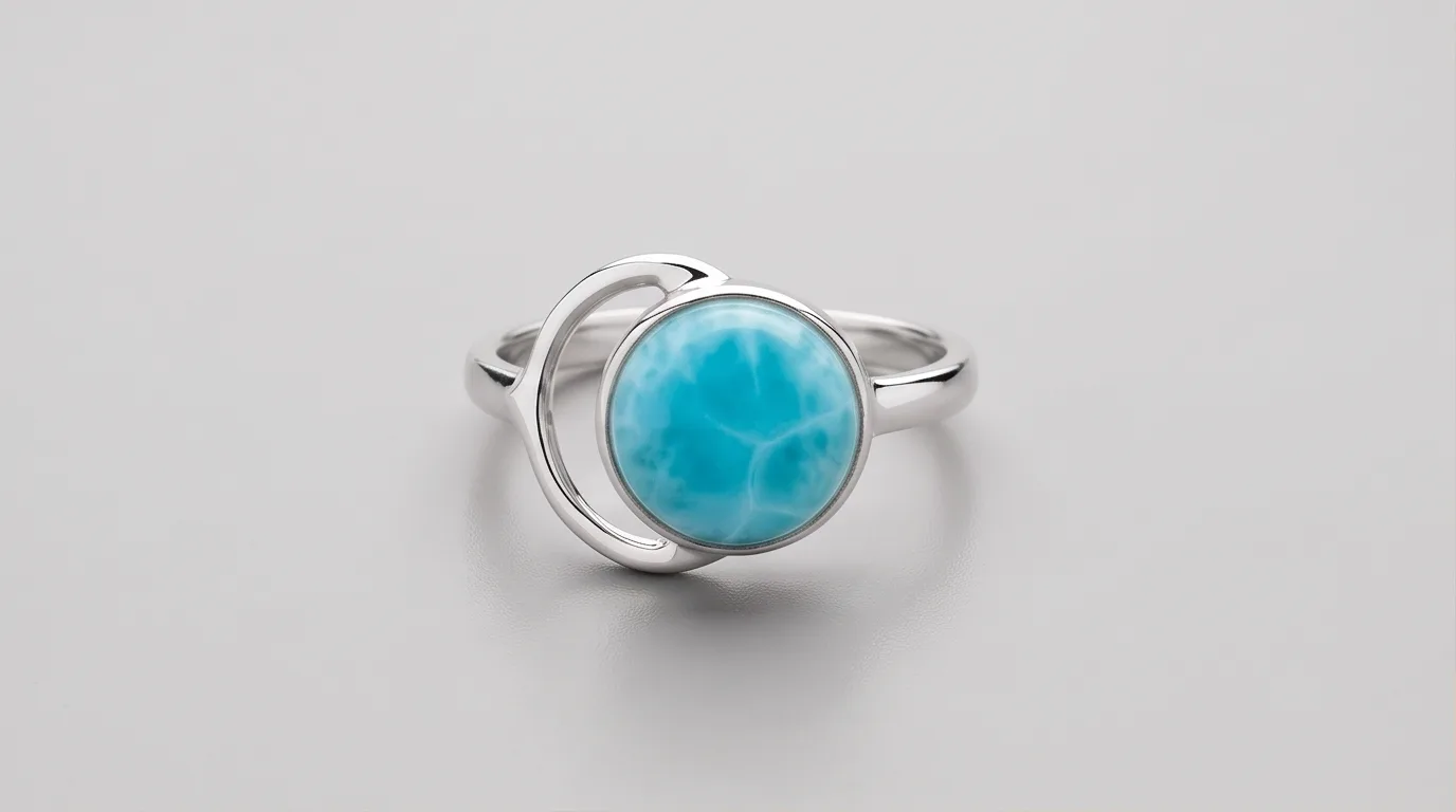 Crescent Moon Round Cabochon Larimar Ring
