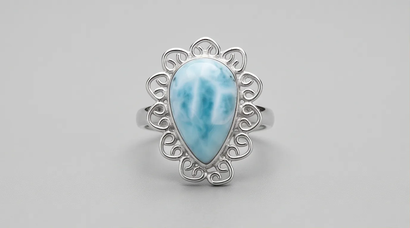 Large Teardrop Baroque Filigree Larimar Ring