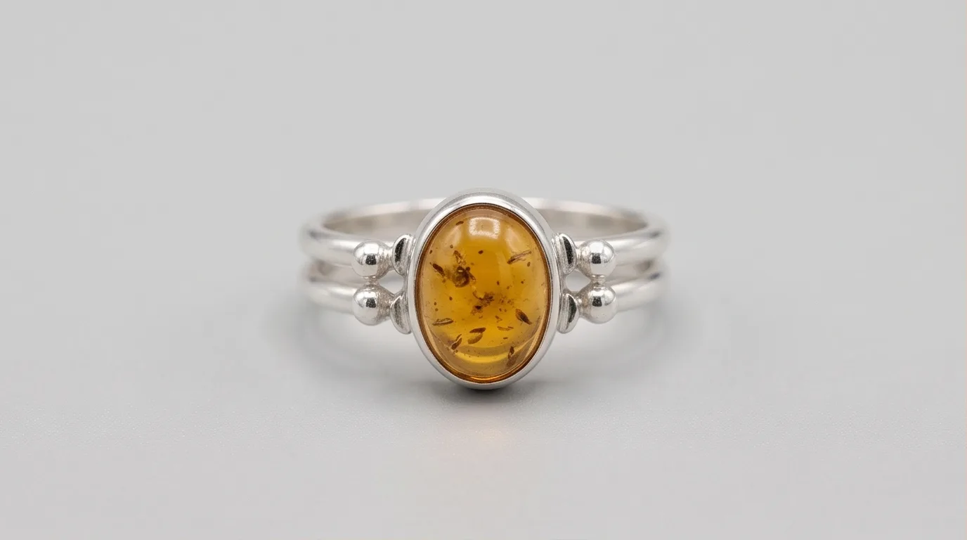 Solitaire Oval Amber Ring with Double Sphere Band