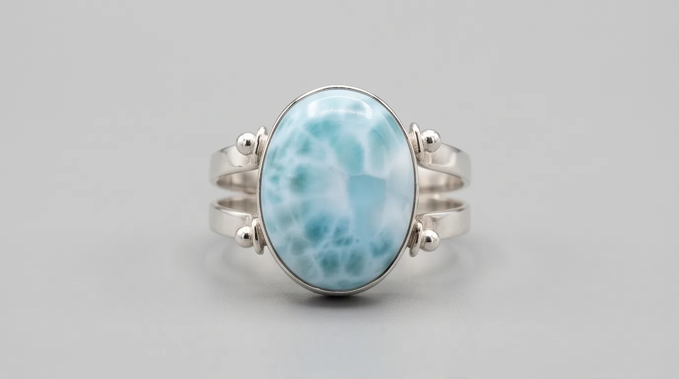 Solitaire Oval Larimar Ring with Double Sphere Band