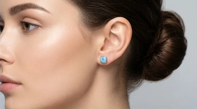 Cushion Square Larimar Stud Earrings - Editorial