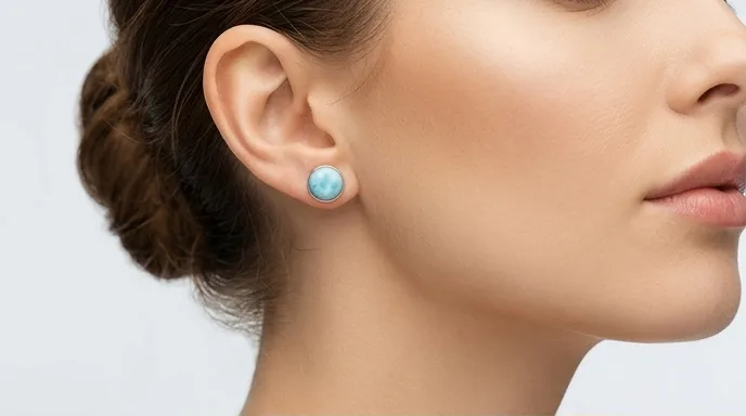 Round Button Larimar Stud Earrings - Editorial