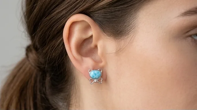 Bow Ribbon Oval Larimar Stud Earrings - Editorial