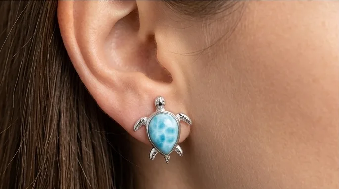 Sea Turtle Larimar Stud Earrings - Editorial