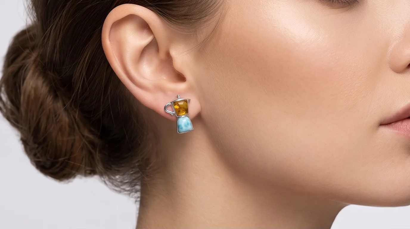 Bicolor Moka Pot Amber and Larimar Stud Earrings - Editorial