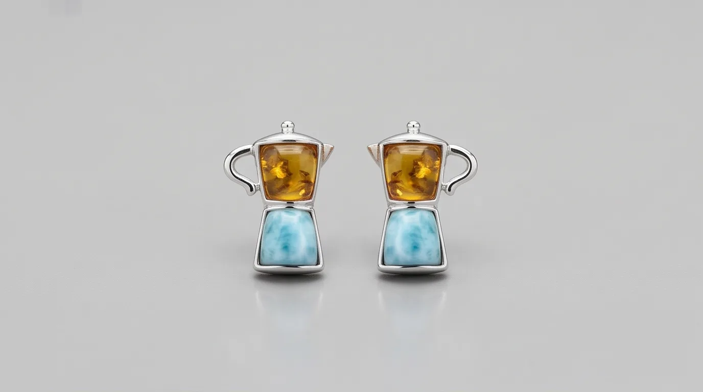 Bicolor Moka Pot Amber and Larimar Stud Earrings
