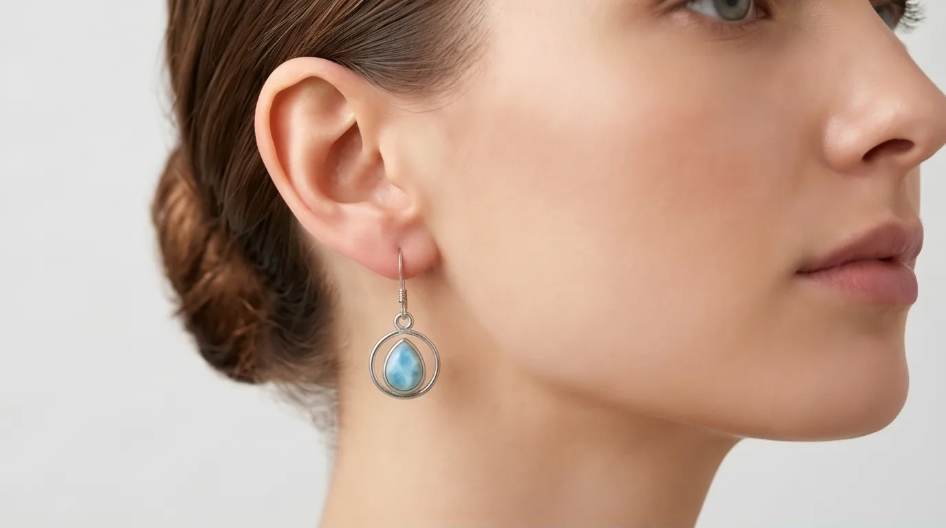 Circular Hoop Dangle Earrings with Larimar Drop - Editorial