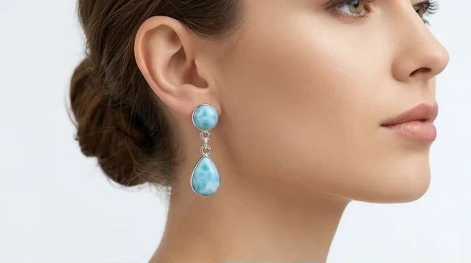 Articulated Button and Drop Larimar Dangle Earrings - Editorial