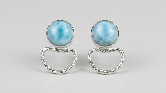 Round Larimar Stud Earrings with Wavy Open Hoop