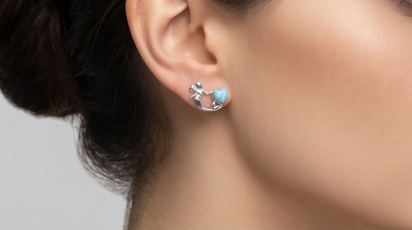 Sculptural Mermaid with Heart Larimar Stud Earrings - Editorial