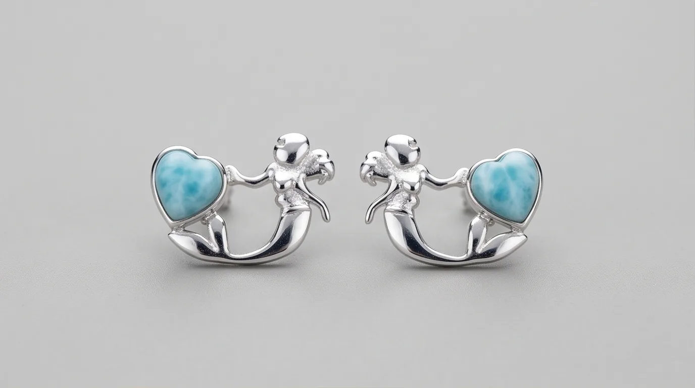Sculptural Mermaid with Heart Larimar Stud Earrings