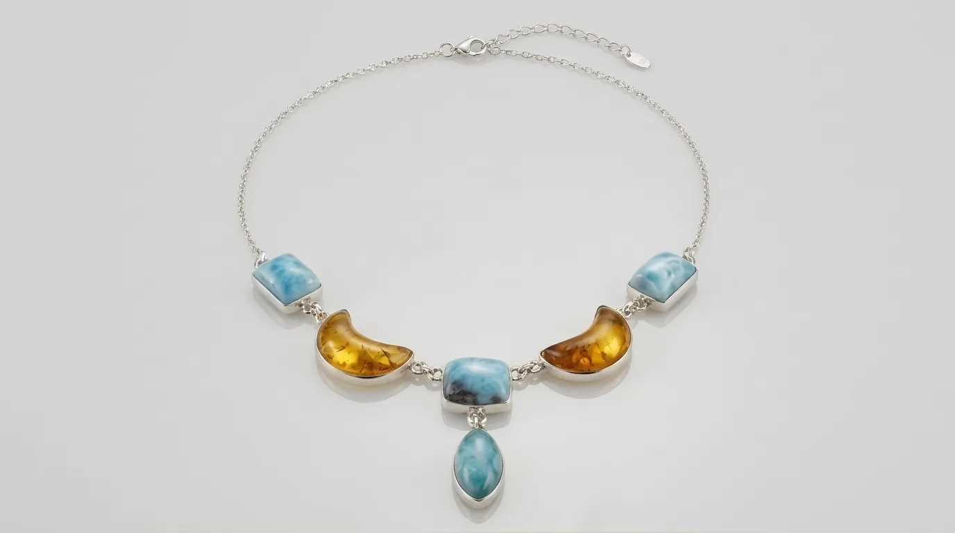 Dual Amber Crescents and Teardrop Larimar Choker Necklace