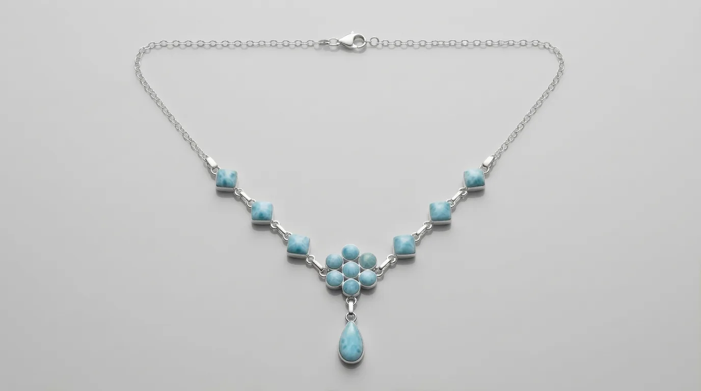 Six-Petal Flower and Teardrop Larimar Choker Necklace