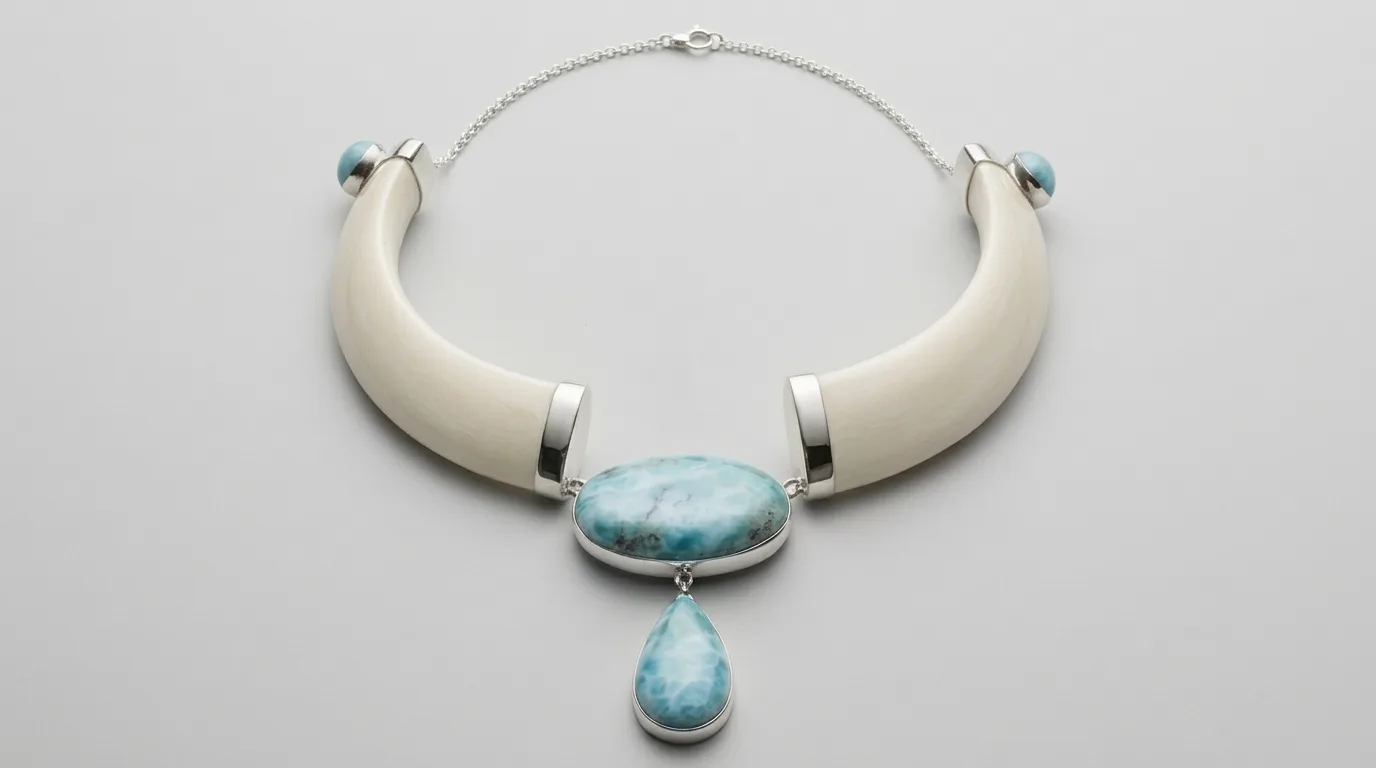 Monumental Cuerno Marfil Gran Ovalo Gota Larimar Choker Necklace