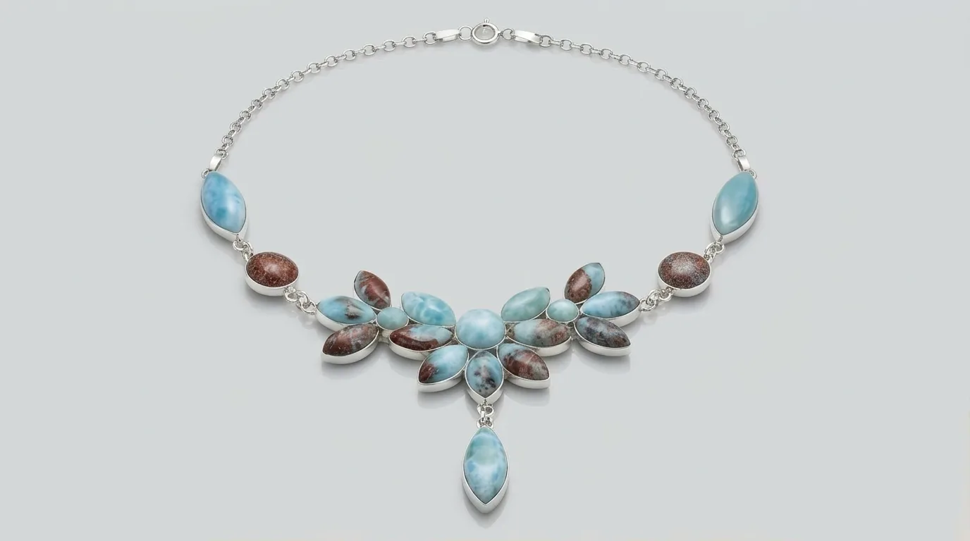 Leaves and Flowers Cluster Larimar Matrix Choker Necklace