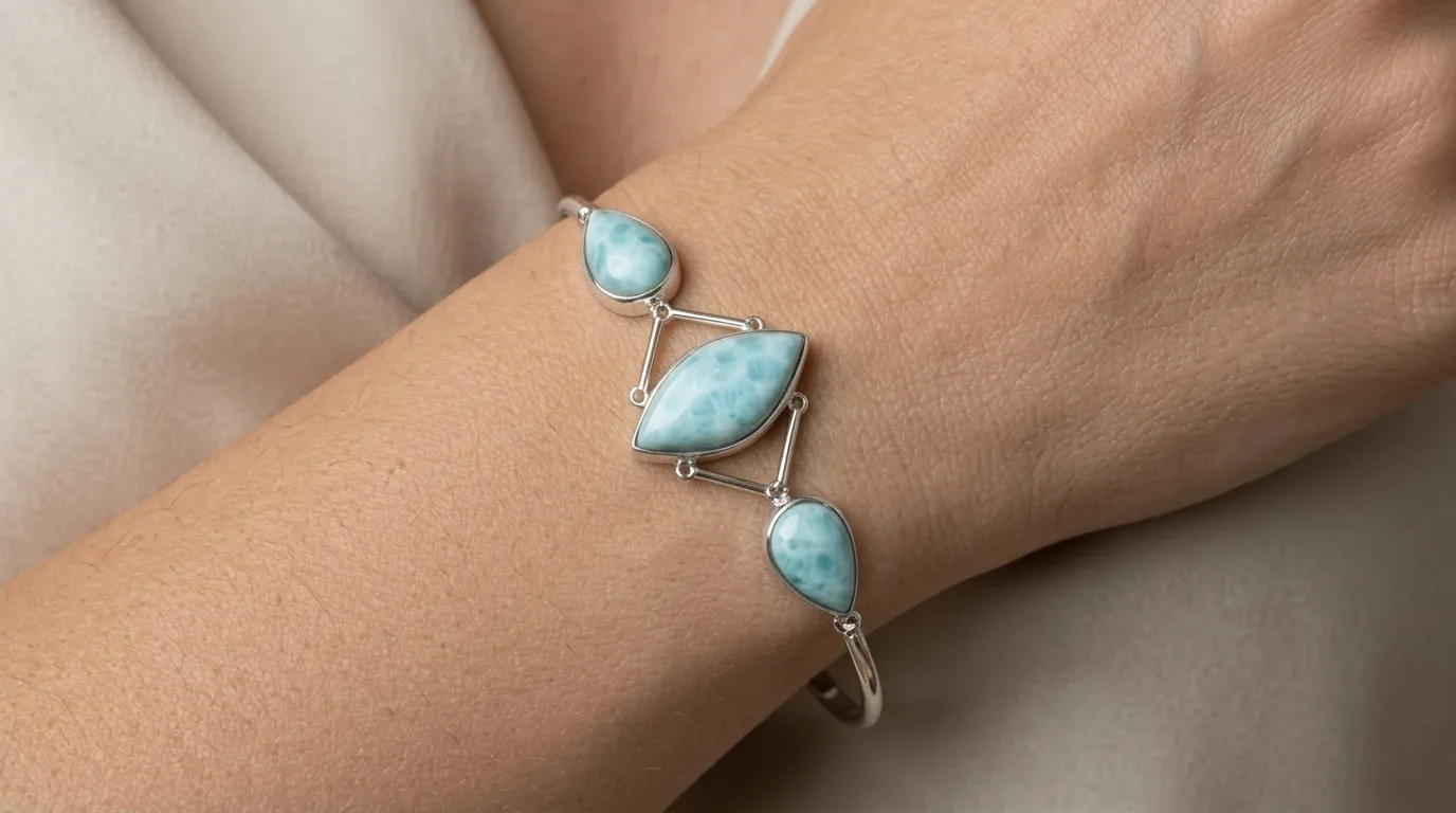 Curved Wire Two Drops and Central Marquise Larimar Cuff Bracelet - Editorial