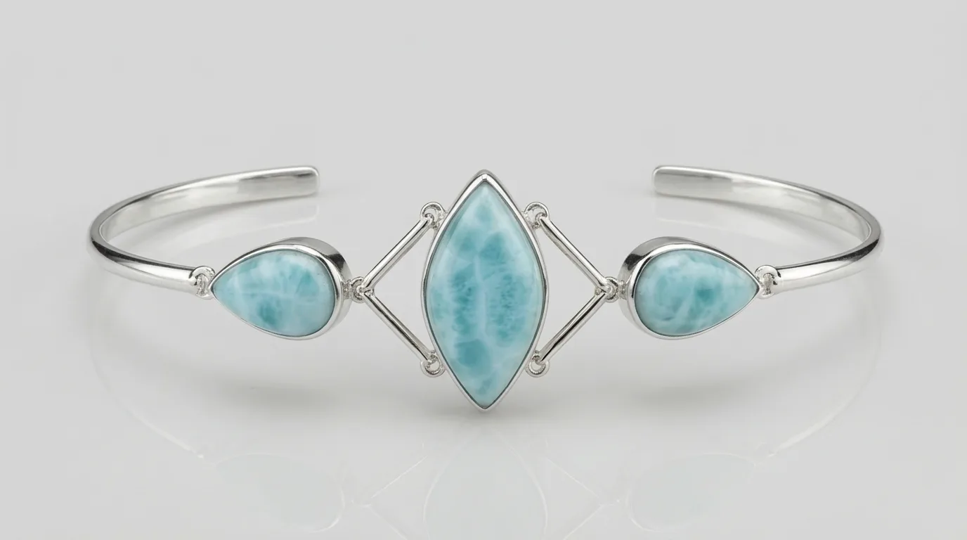 Curved Wire Two Drops and Central Marquise Larimar Cuff Bracelet