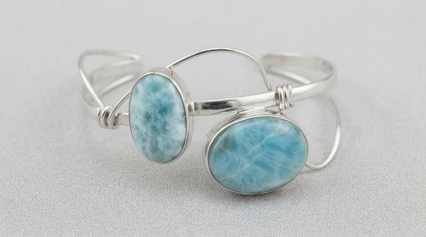 Dual Oval Cabochon Larimar Cuff Bracelet