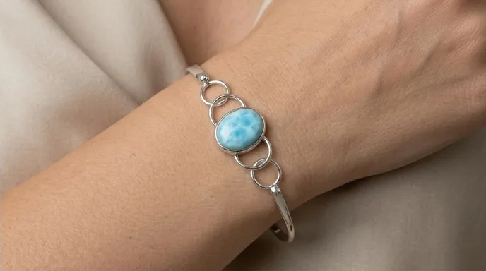 Central Oval with Flanking Bands Larimar Cuff Bracelet - Editorial