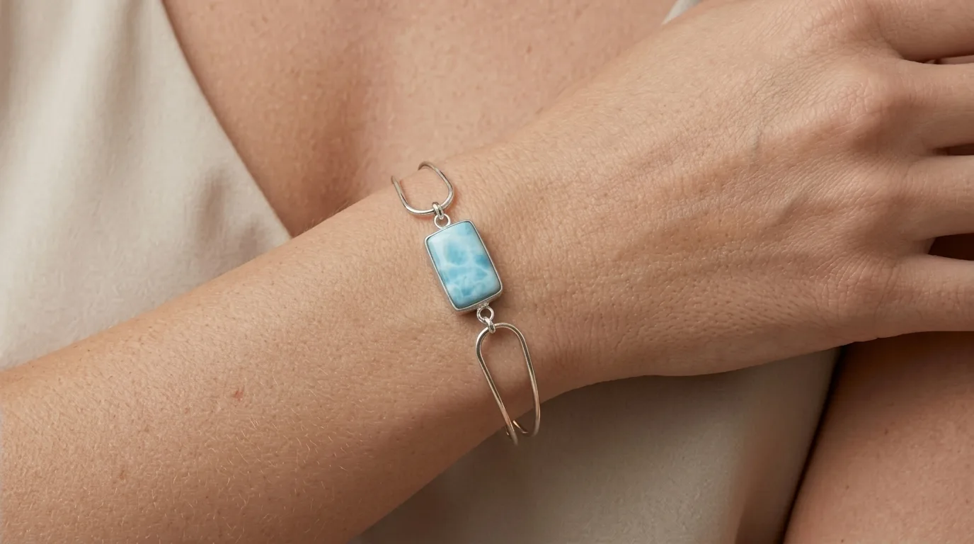 Curved Wire Rectangle Larimar Bracelet - Editorial