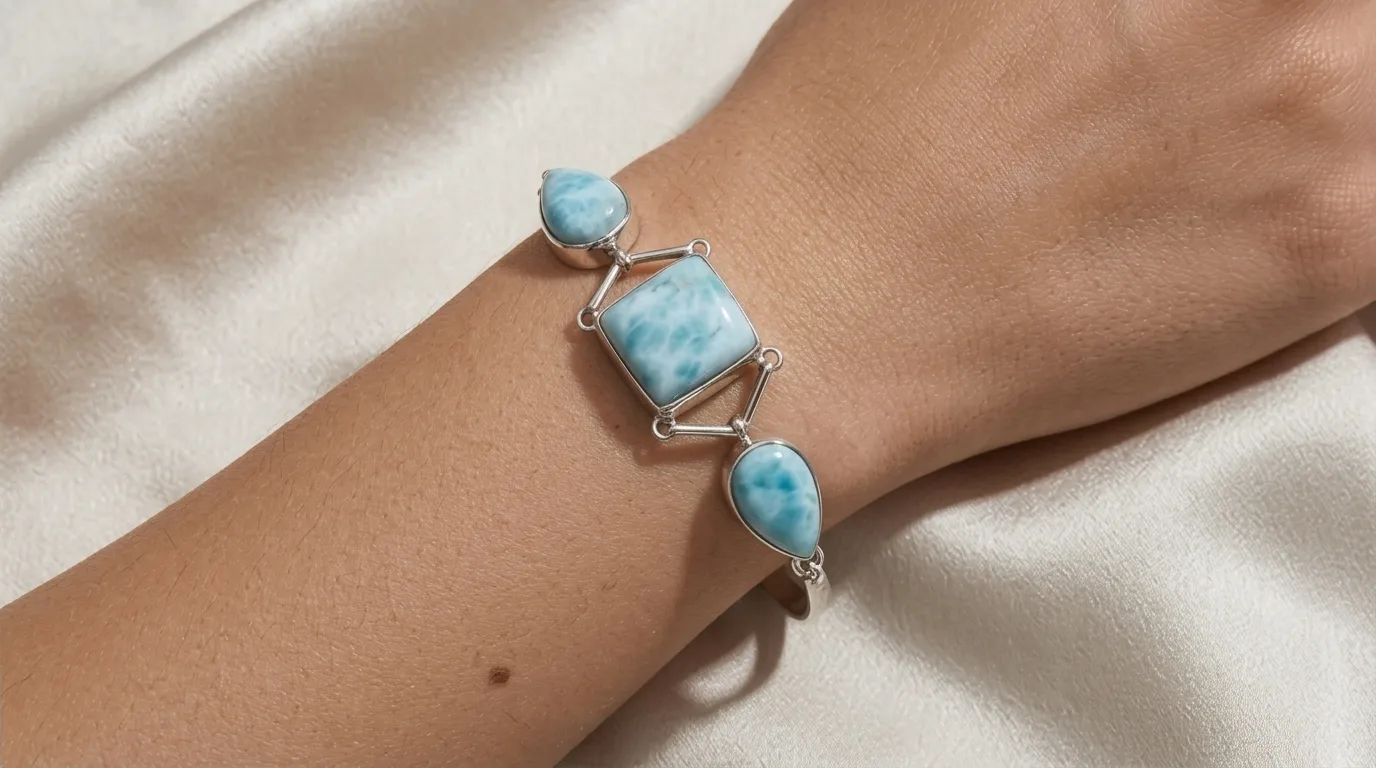 Three-Stone Articulated Drops and Square Larimar Bracelet - Editorial