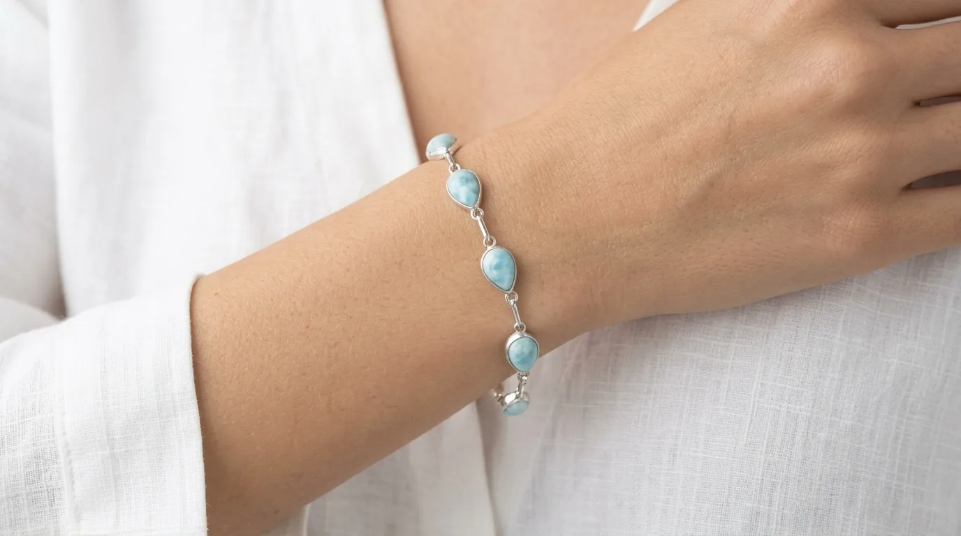 Alternating Eight Teardrops Link Larimar Bracelet - Editorial