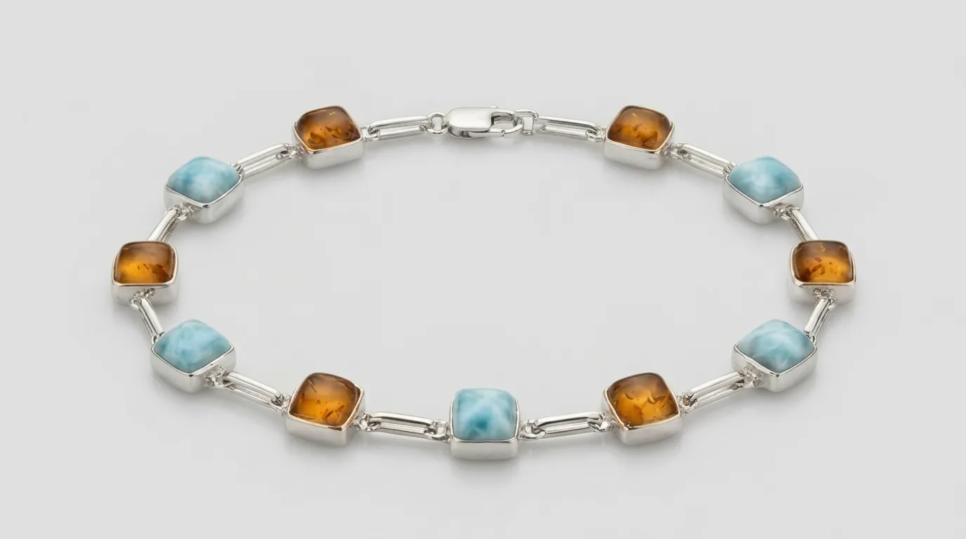 Alternating Squares Link Larimar and Amber Bracelet
