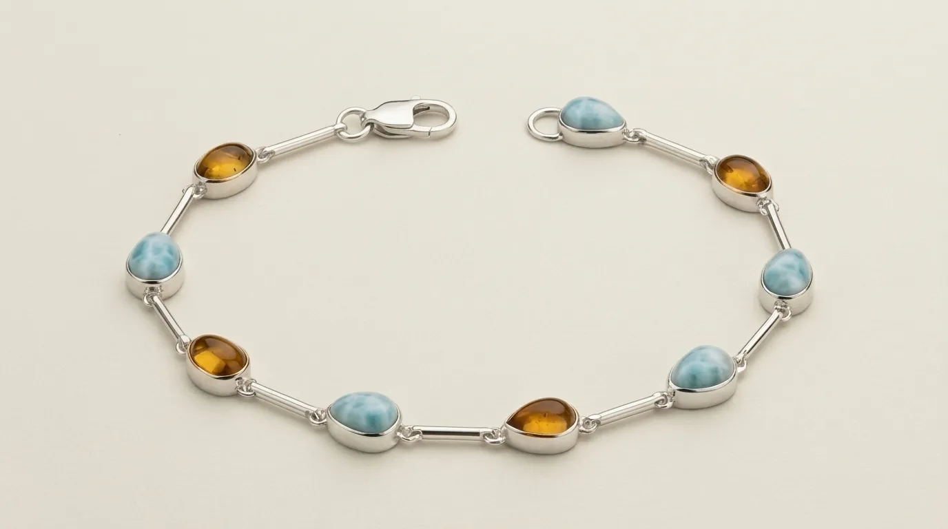 Alternating Teardrops Link Larimar and Amber Bracelet